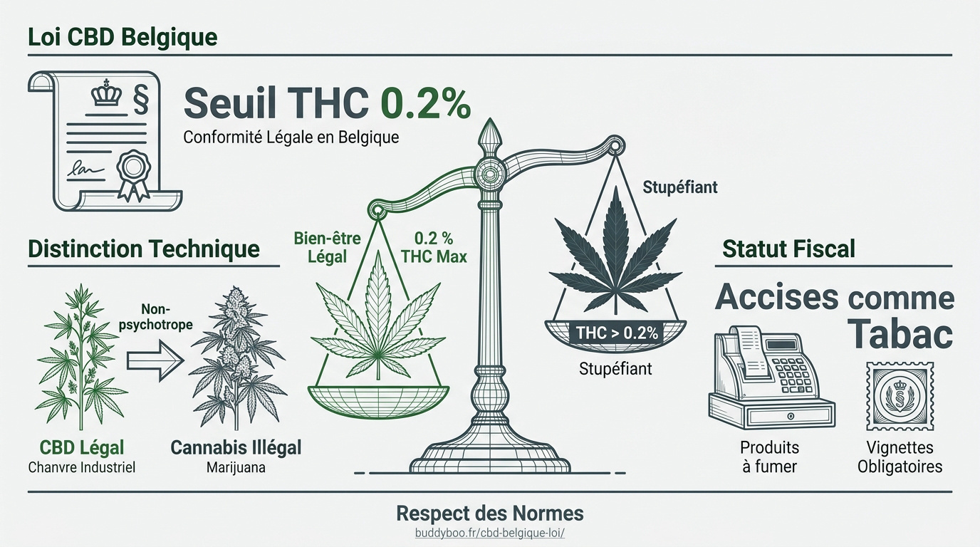 Infographie sur le seuil légal de THC et la réglementation du CBD en Belgique