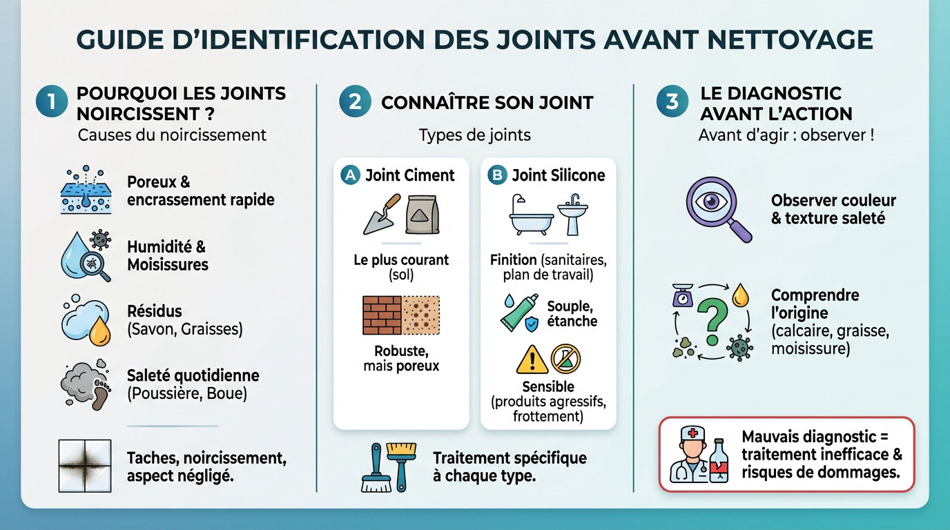 Guide visuel pour identifier les types de joints de carrelage et leurs salissures sp&eacute;cifiques