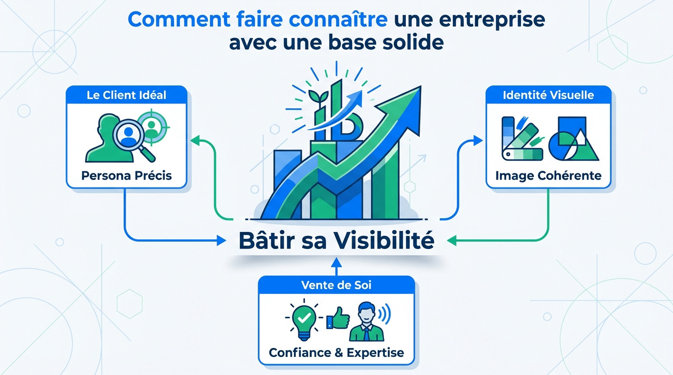 Infographie détaillant les étapes pour bâtir la visibilité d'une entreprise