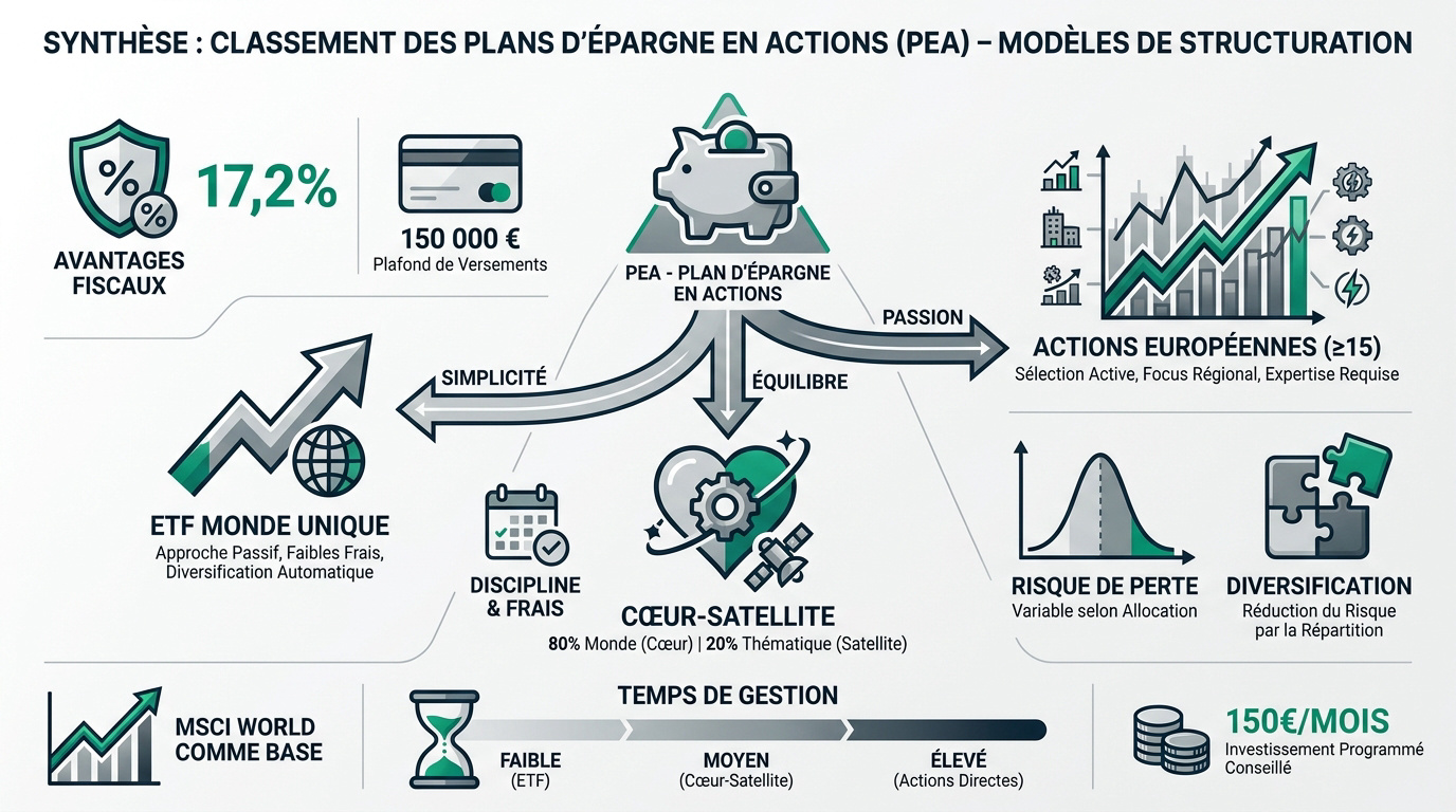 Synthèse des modèles de structuration d'un portefeuille PEA entre ETF et actions en direct