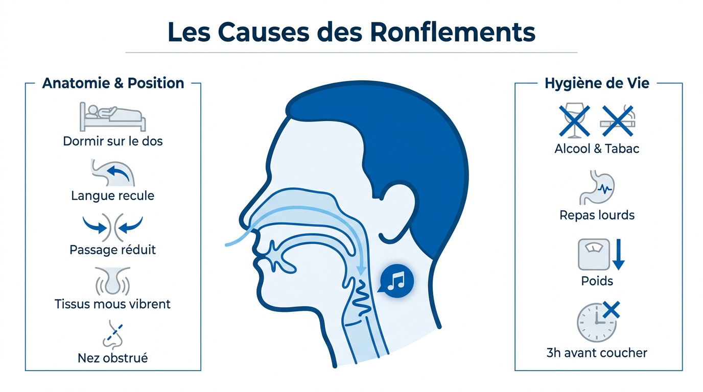 Faut-il déclarer apnée du sommeil ? Schéma anatomique des causes du ronflement et facteurs d'hygiène de vie