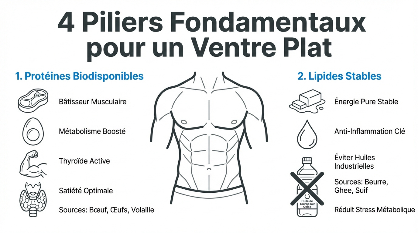 Infographie présentant les conseils nutritionnels pour perdre du ventre chez l'homme
