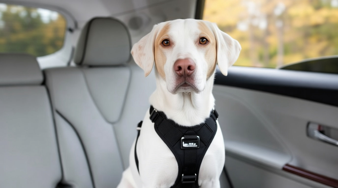 Chien harnaché attaché sur le siège arrière d'une voiture