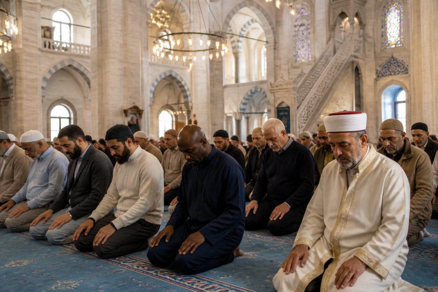 Hommes musulmans de diverses ethnies en prière dans une mosquée