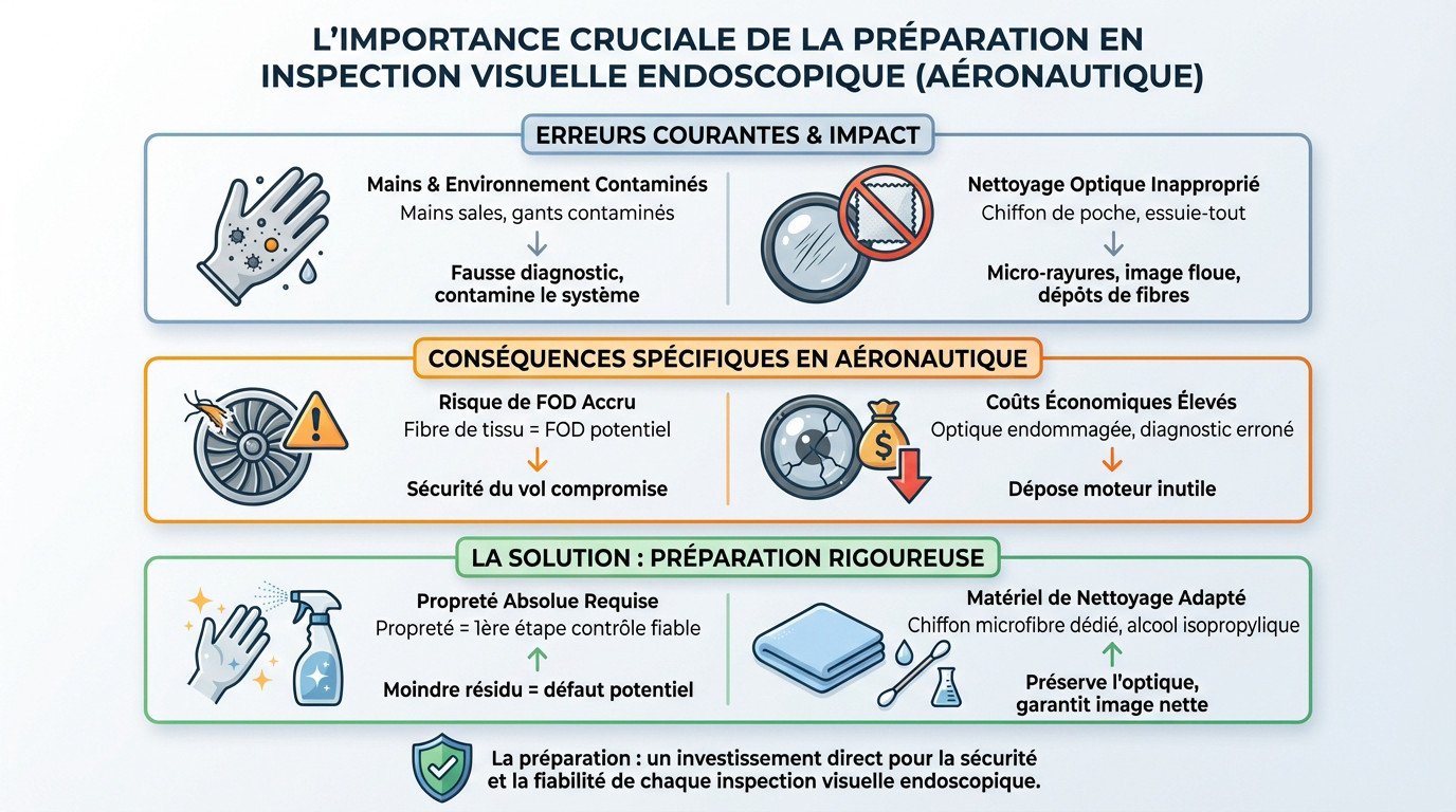 Technicien aéronautique préparant une inspection endoscopique pour éviter les erreurs de contamination et de FOD