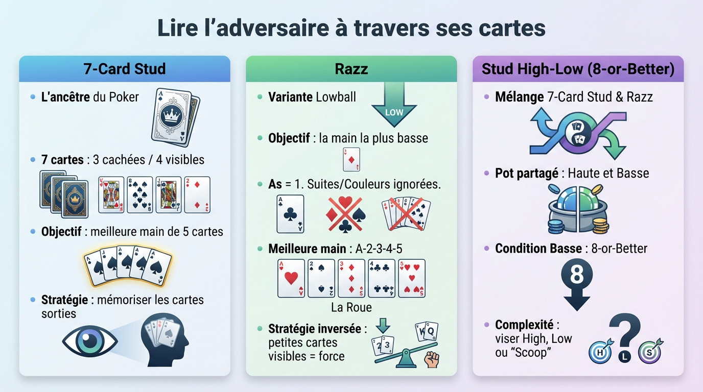 Joueur de poker analysant les cartes visibles au Seven-Card Stud pour lire la main adverse