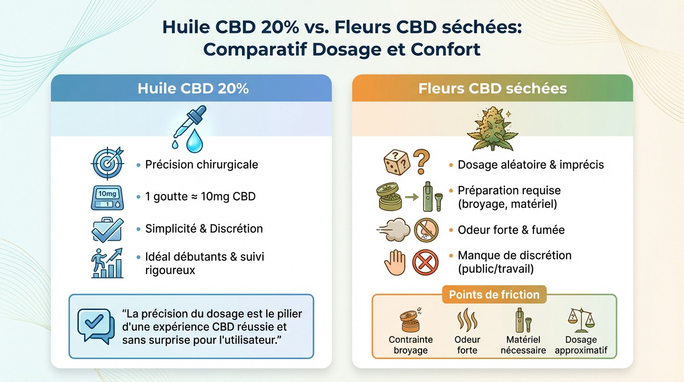 Comparaison dosage précis huile CBD 20% et variabilité fleur de chanvre