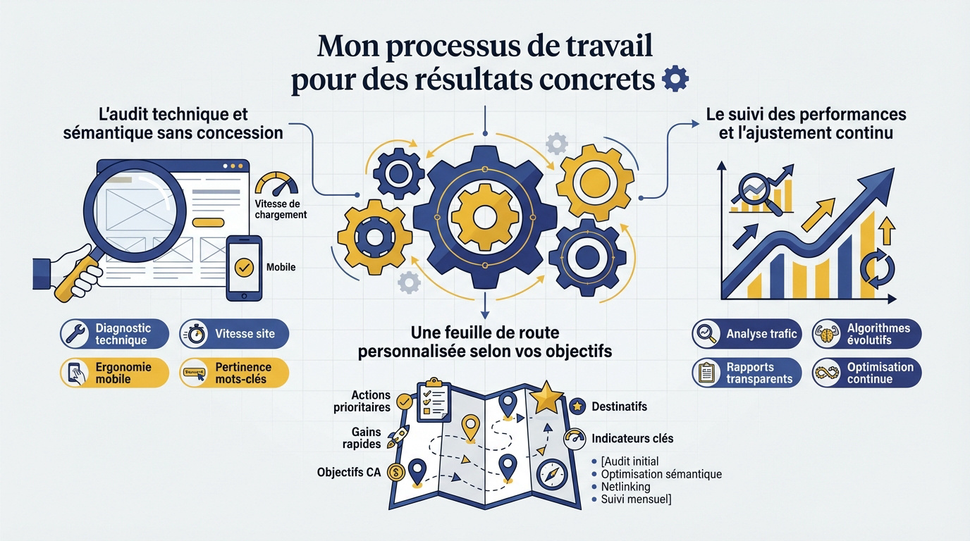Schéma du processus de consultant SEO incluant l'audit, la stratégie et le suivi des performances