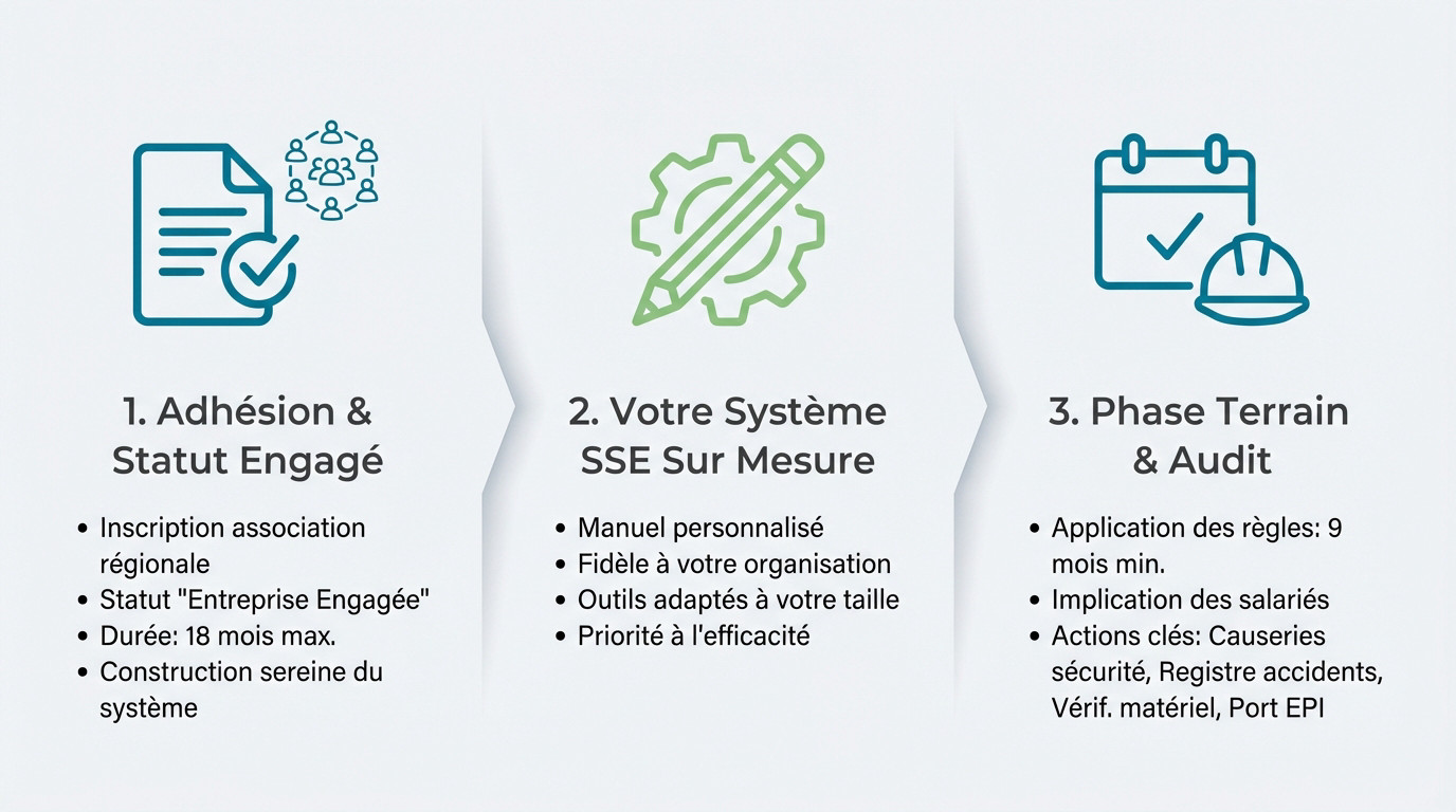 Schéma illustrant le parcours d'une entreprise débutante vers la certification MASE