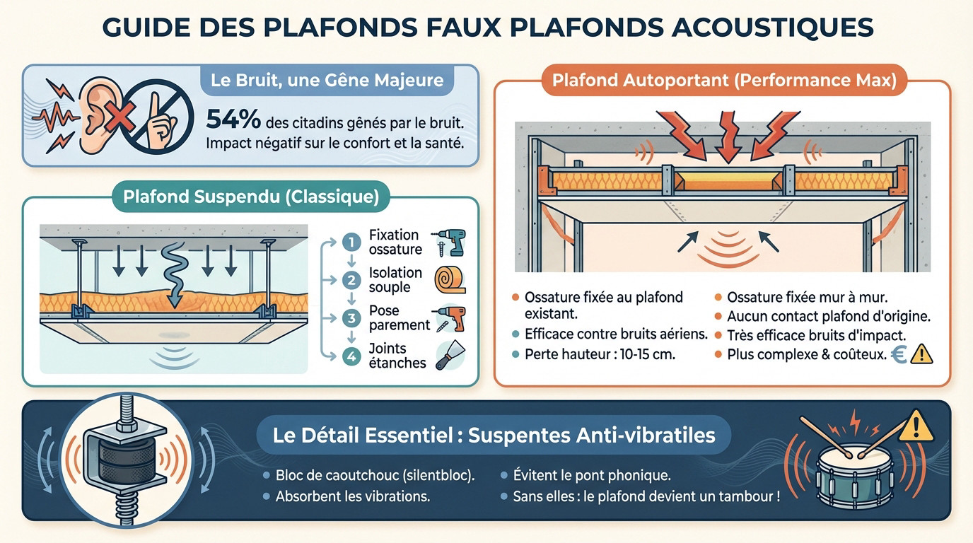 Schéma de coupe d'un faux plafond acoustique montrant l'isolant et les suspentes