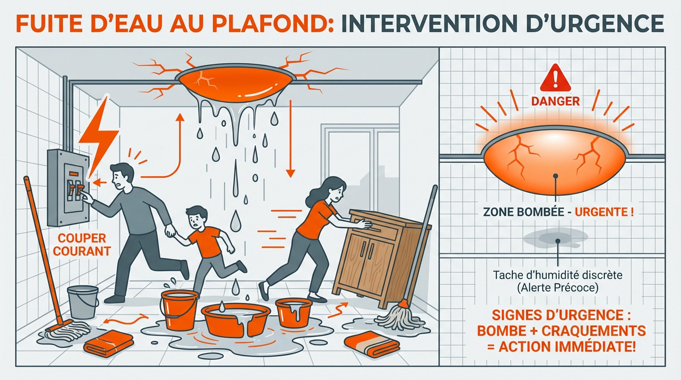 Intervention d'urgence pour une fuite d'eau au plafond avec un seau de récupération