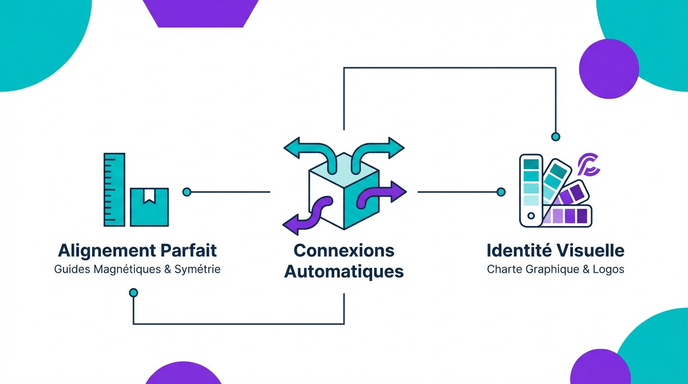 Interface Canva montrant la création simplifiée d'un organigramme professionnel avec des formes reliées