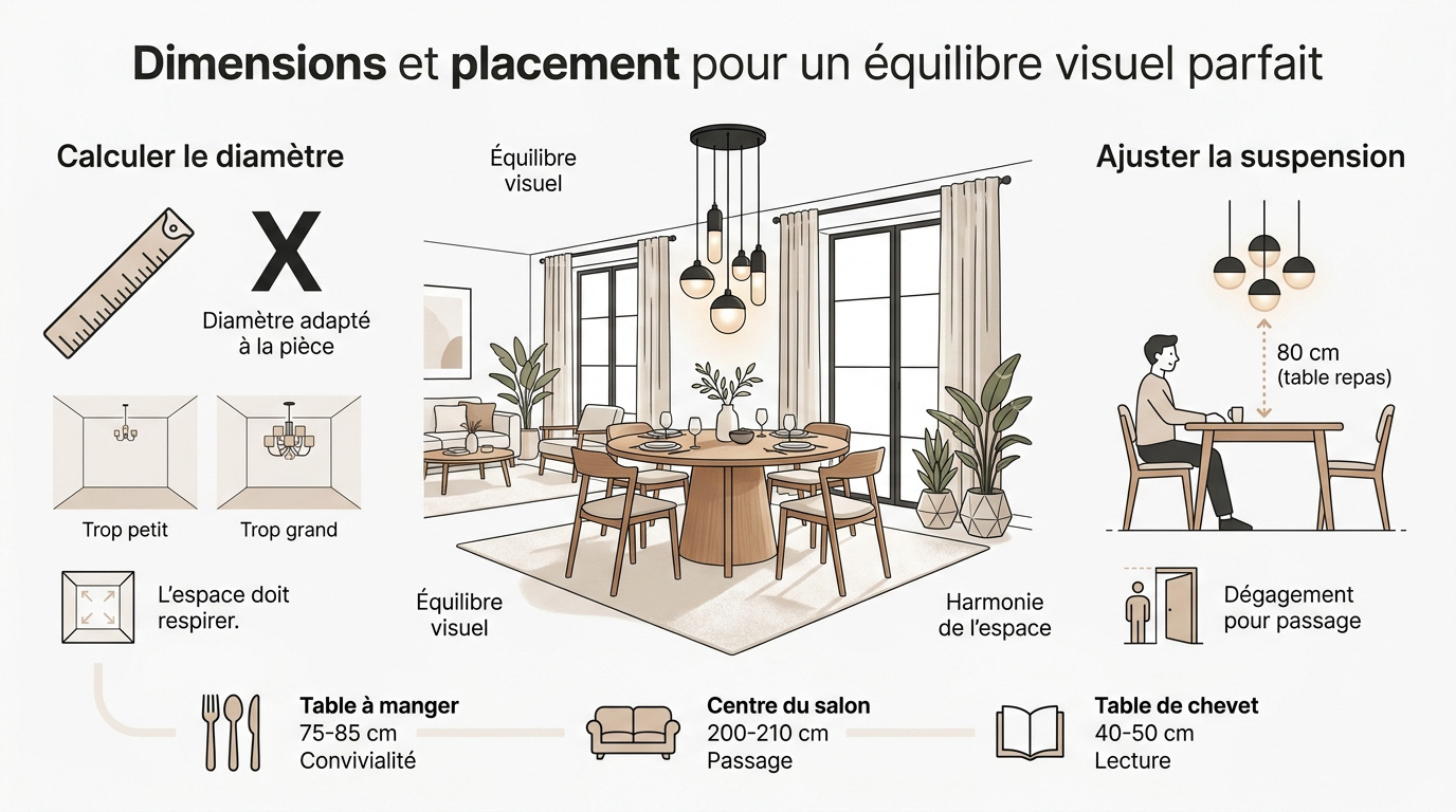 Guide des dimensions pour installer un lustre japandi dans un salon