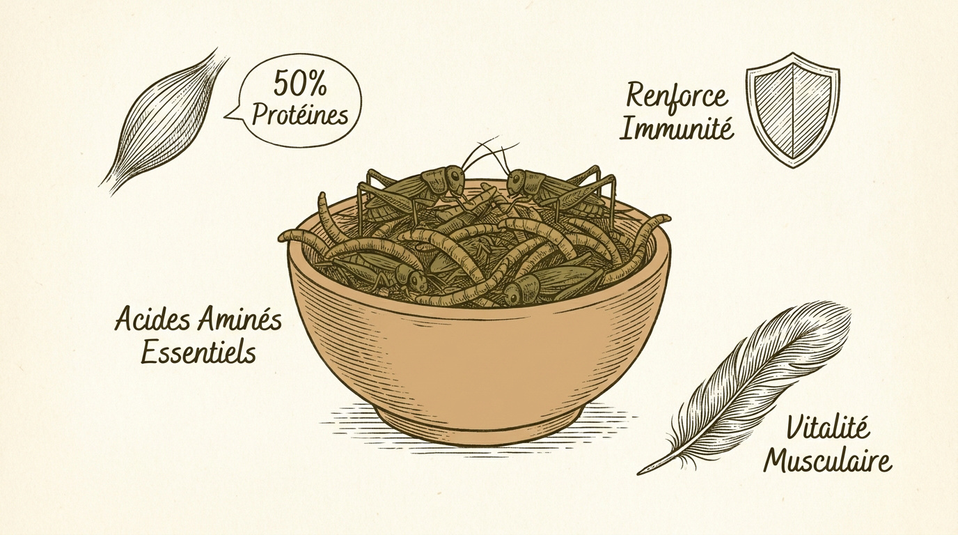 Insectes séchés riches en protéines pour la vitalité des animaux d'élevage