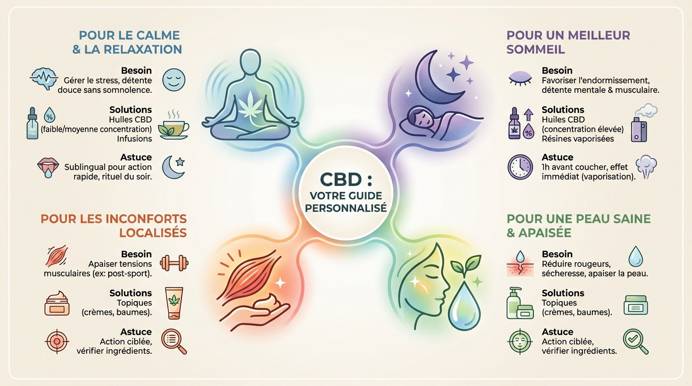 Guide visuel pour choisir le format de CBD adapté à ses besoins : sommeil, relaxation ou douleurs