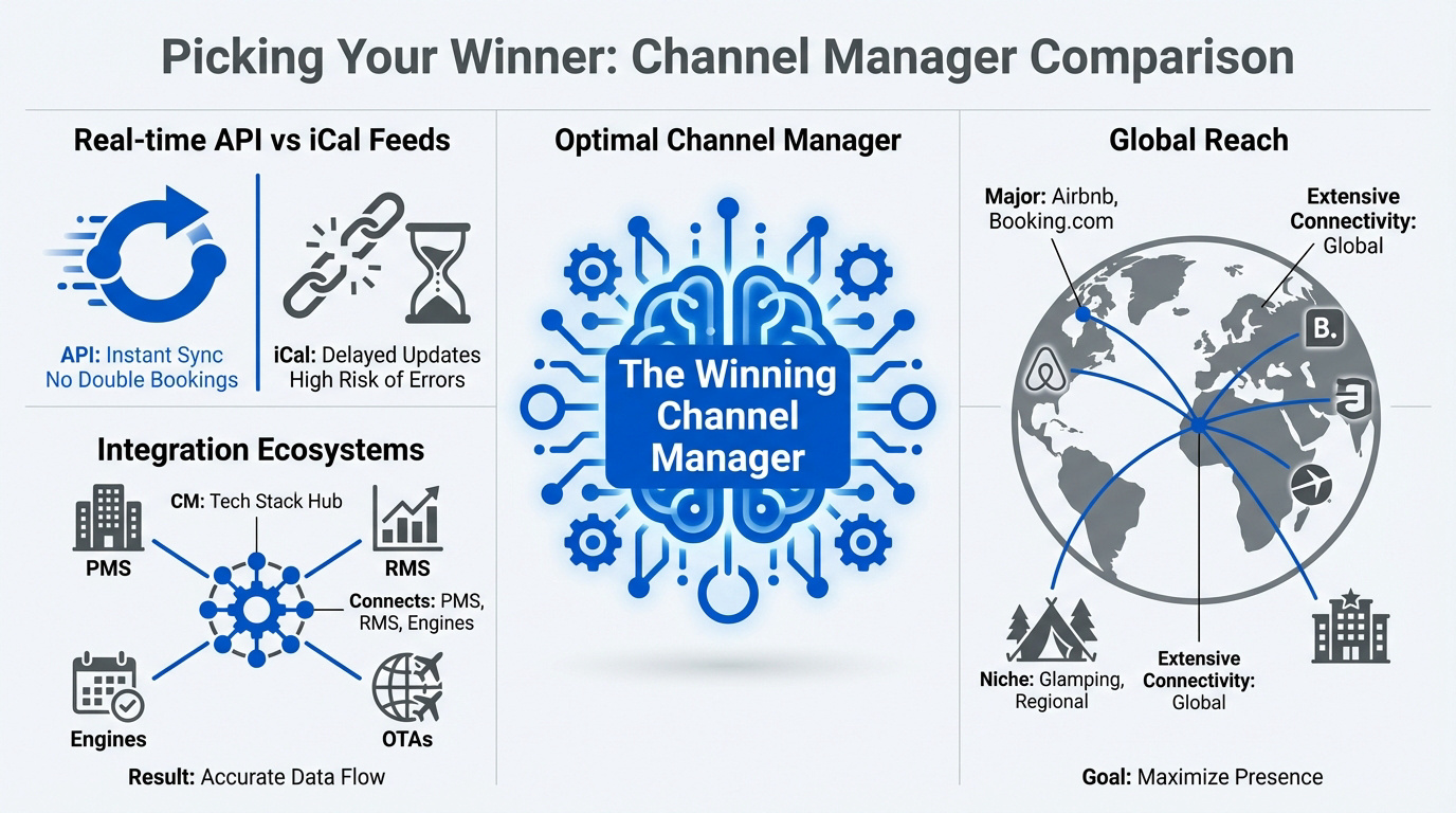 Professional hotel manager analyzing channel manager synchronization data on a screen