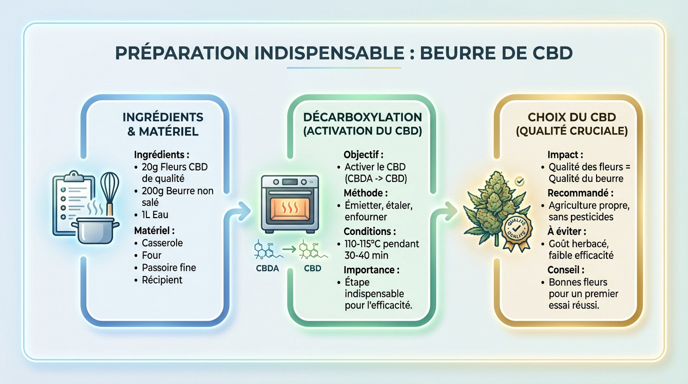 Préparation des ingrédients et du matériel pour cuisiner un beurre de Marrakech au CBD