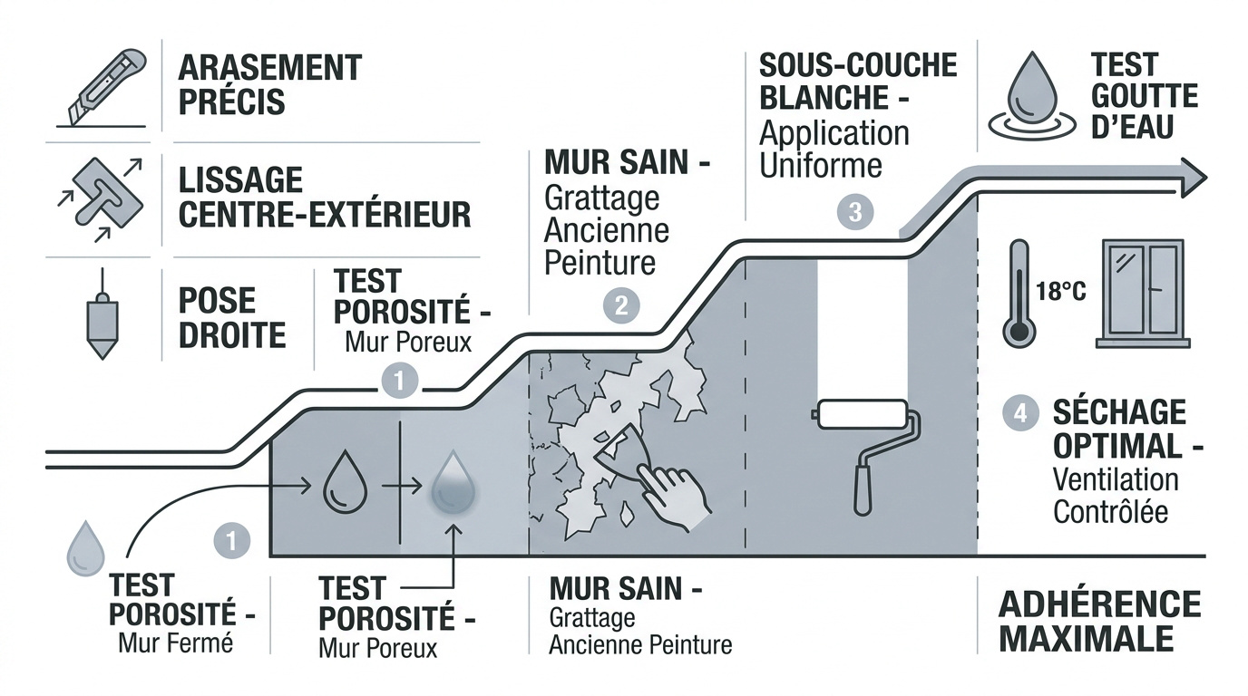 Préparation d'un mur avec application d'une sous-couche blanche avant pose de papier peint