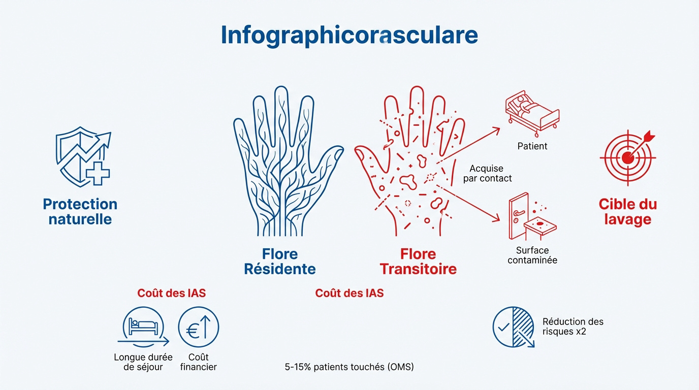 Comparaison entre la flore résidente protectrice et la flore transitoire pathogène sur la peau des mains