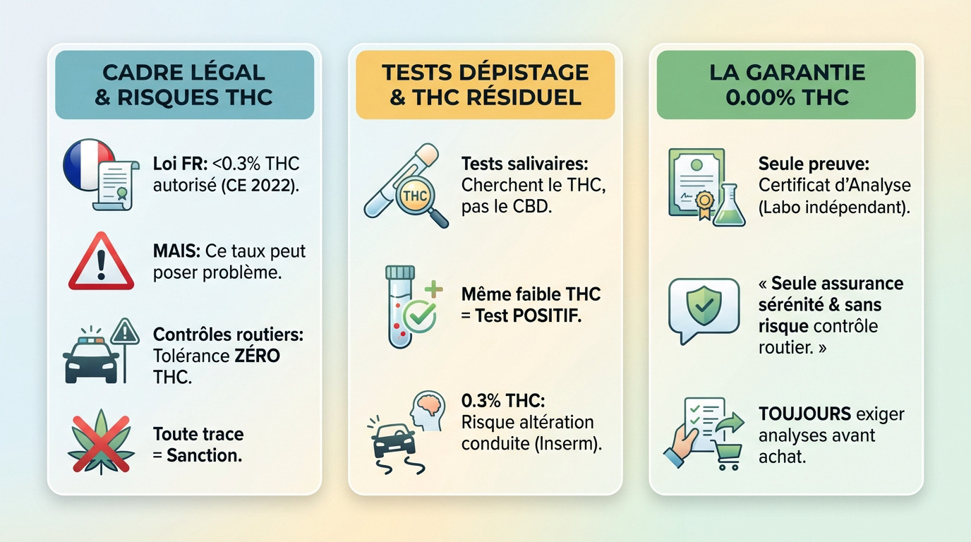 Schéma explicatif du cadre légal du CBD 0% THC en France et impact sur les tests salivaires