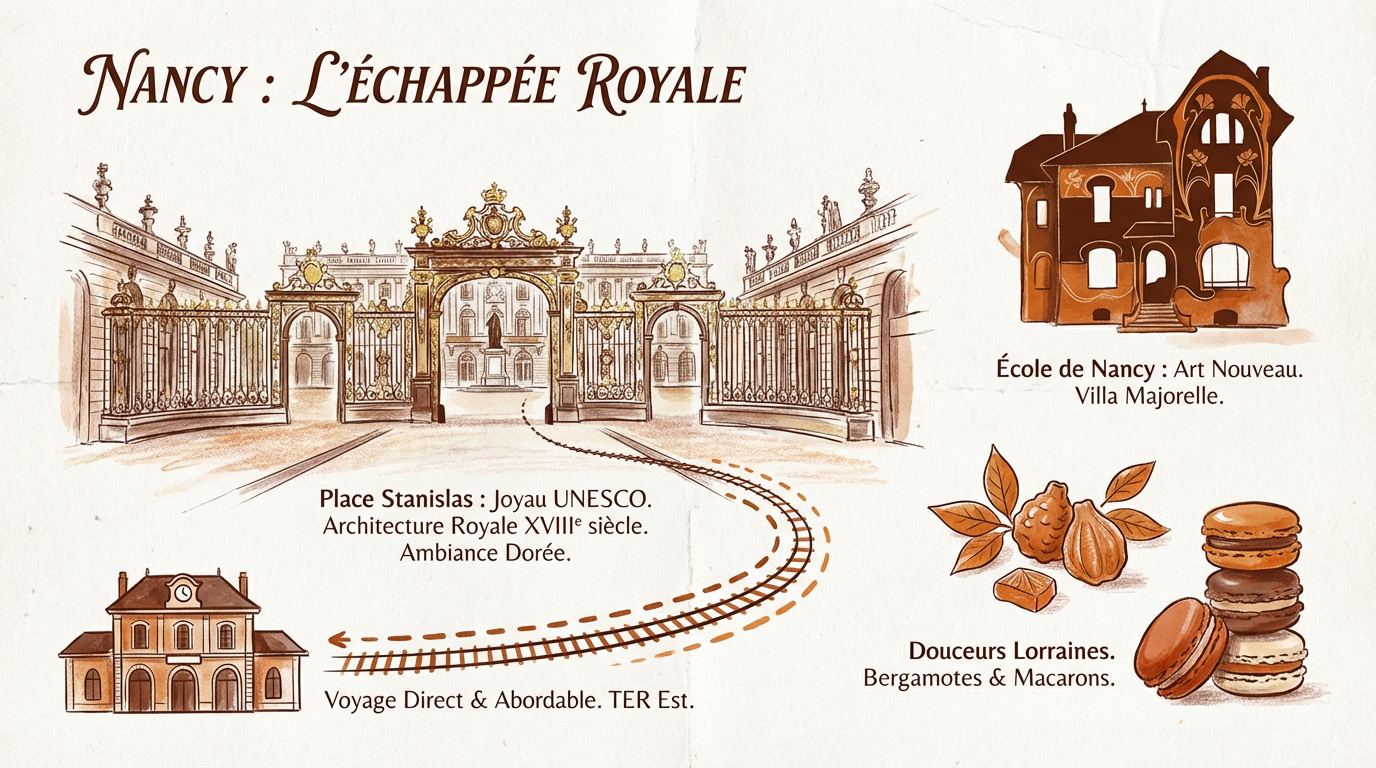 Vue de la place Stanislas à Nancy avec ses grilles dorées et son architecture classique