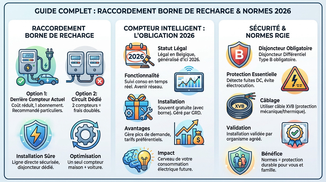 Schéma de raccordement d'une borne de recharge et compteur intelligent en Belgique