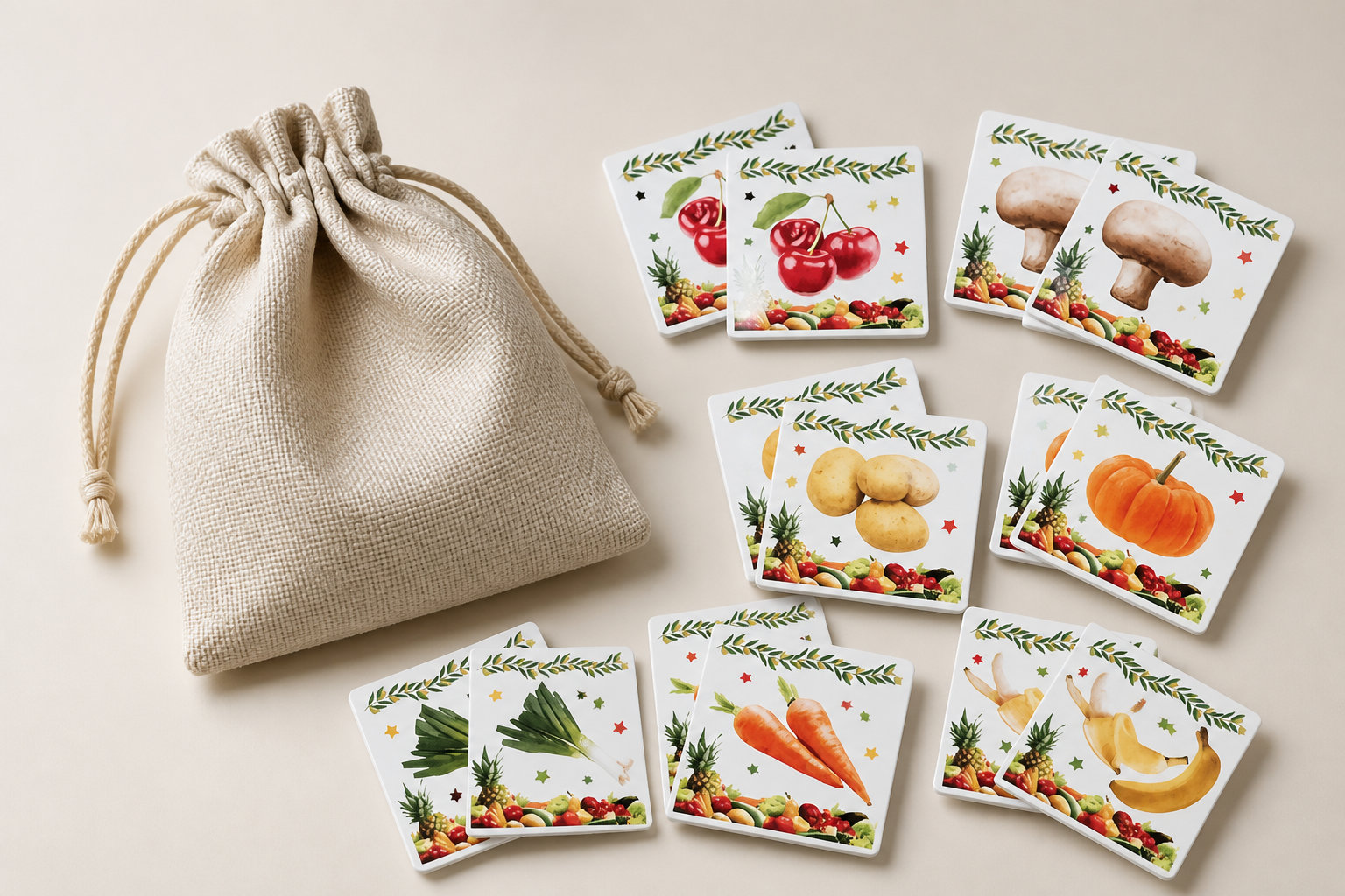 Jeu memory enfant en tissu fruits et légumes : un festin de couleurs