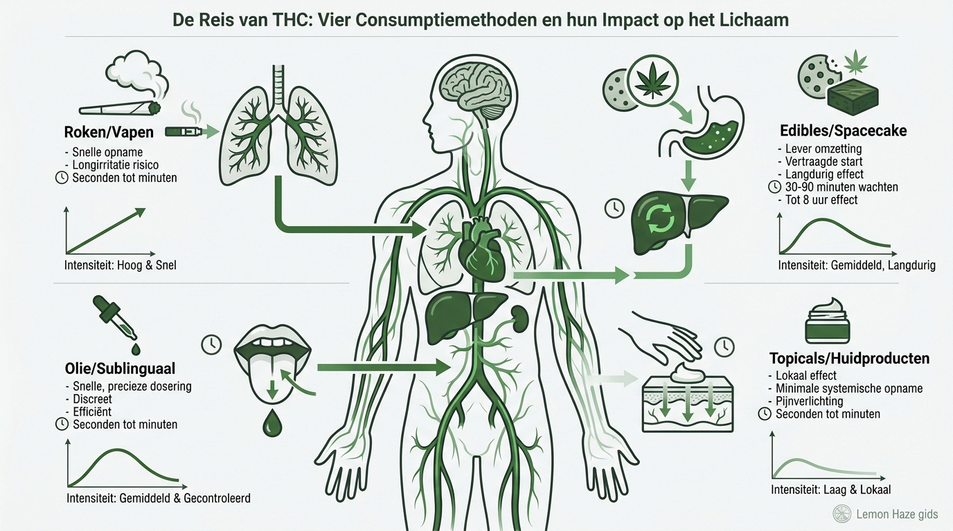 Illustratie van de opname van THC in het menselijk lichaam via verschillende methoden