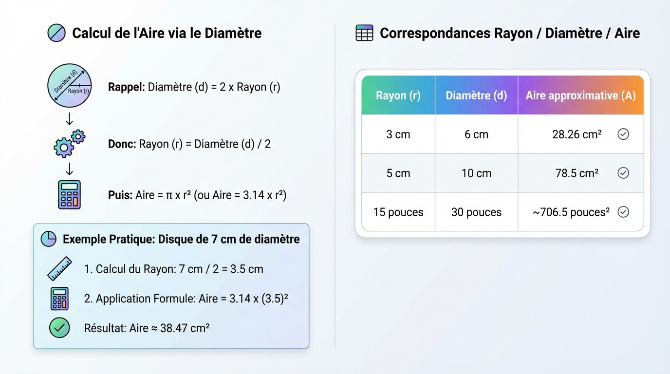 Schéma illustrant le calcul de l'aire d'un cercle à partir de son diamètre