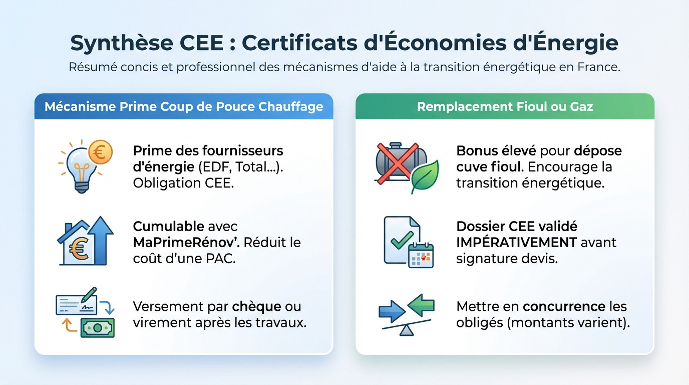 Schéma explicatif du fonctionnement des Certificats d'Économies d'Énergie (CEE) pour le financement des travaux
