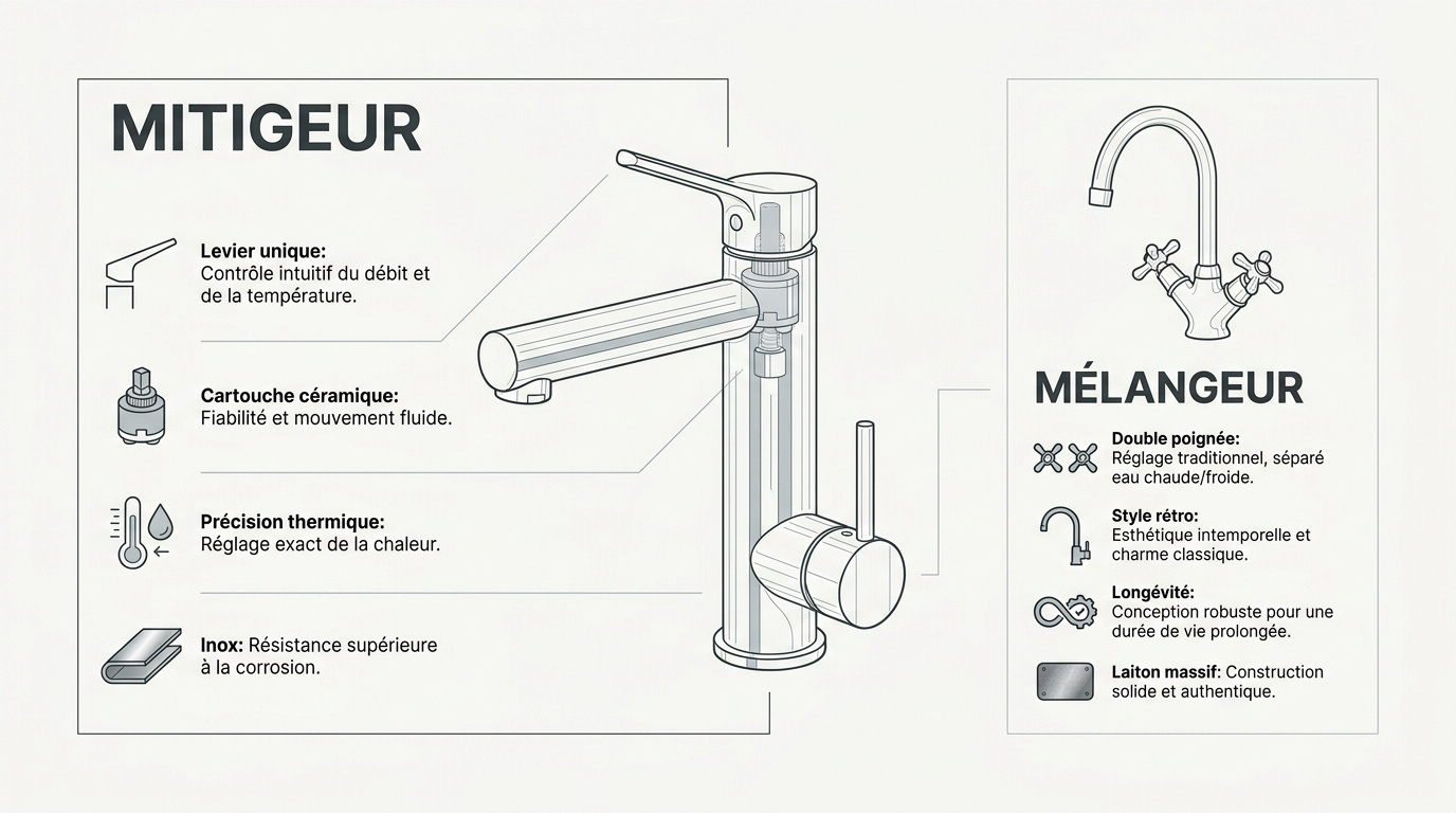 Comparaison visuelle entre un mitigeur moderne à levier unique et un mélangeur traditionnel à deux poignées