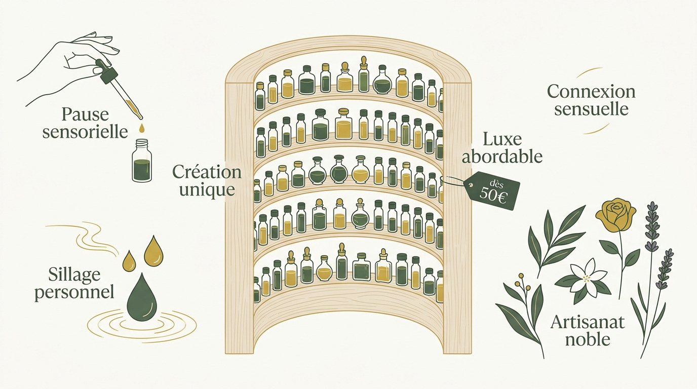 Orgue à parfum professionnel avec de nombreuses fioles d'essences pour création sur-mesure