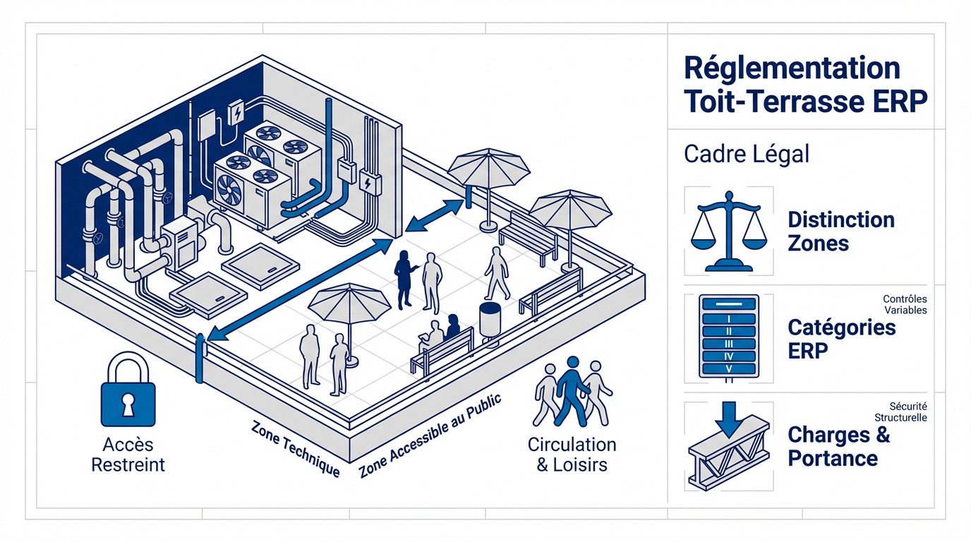 Aménagement sécurisé d'un toit-terrasse ERP avec garde-corps et zones de circulation