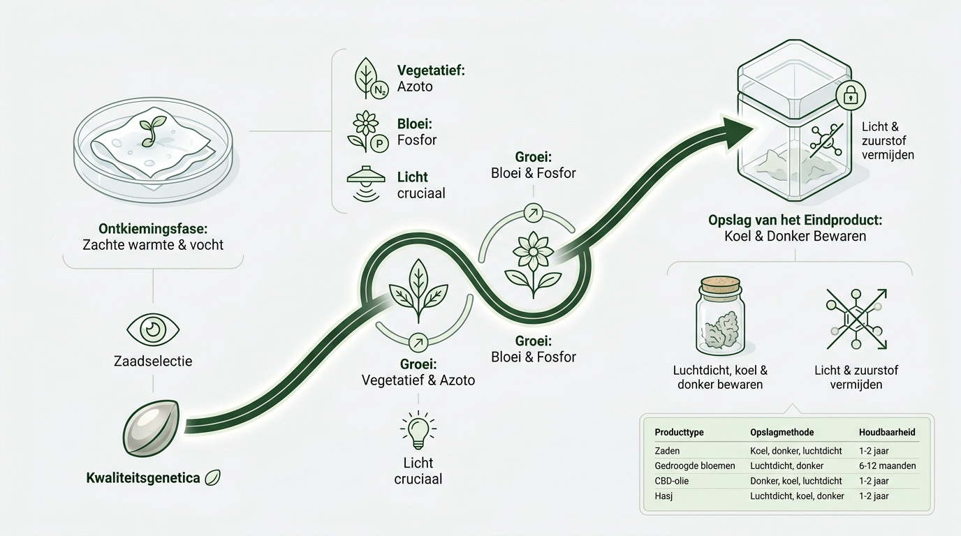 Infographic over cannabis zaden ontkiemen en opslagmethoden voor cannabiswinkel producten