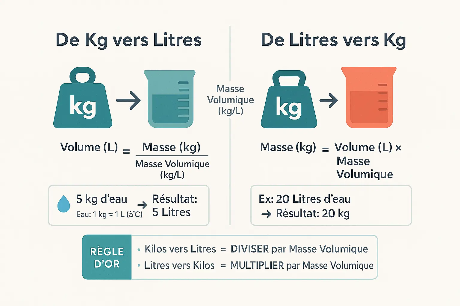 Infographie de conversion kg à litres