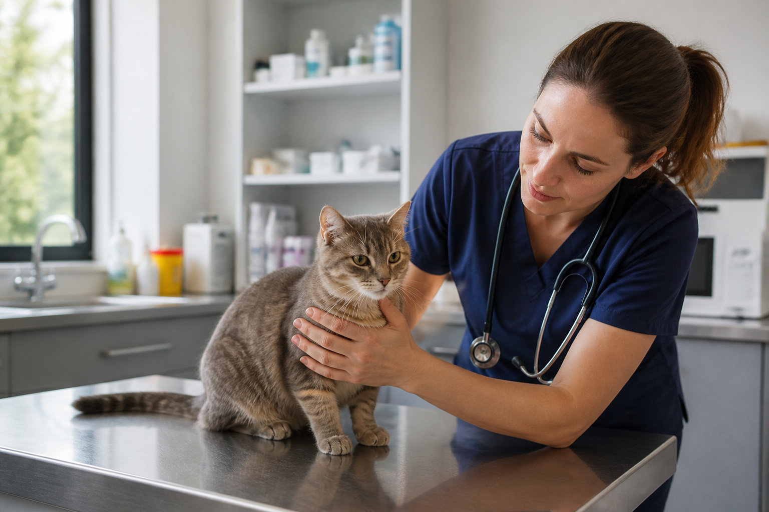 Vétérinaire examinant un chat tigré lors d'une consultation