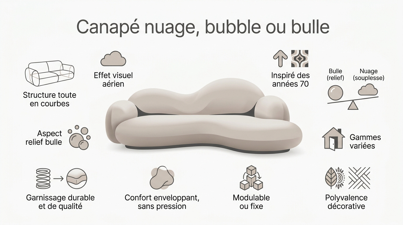 Infographie comparative des styles de canapés nuage, bubble et bulle