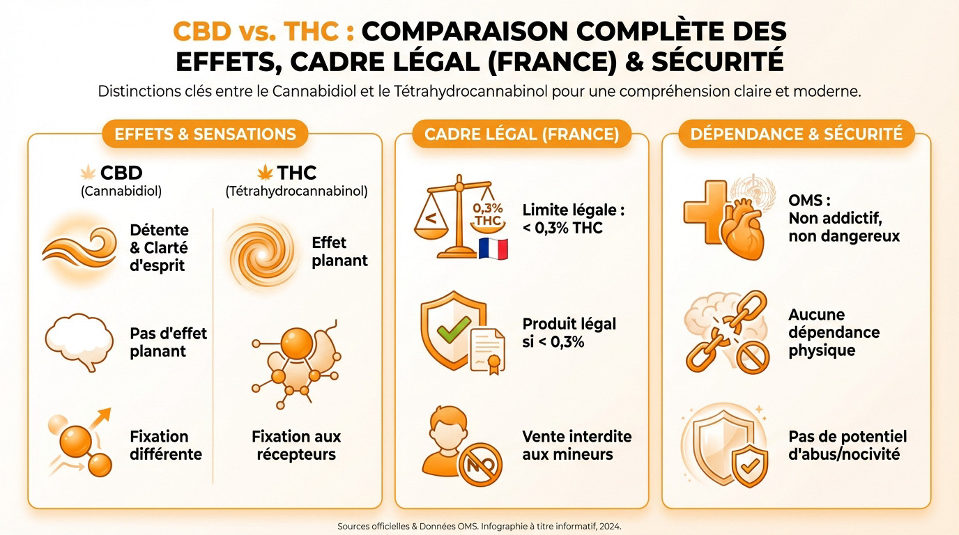 Comparaison visuelle entre les effets du CBD et du THC, légalité et sécurité