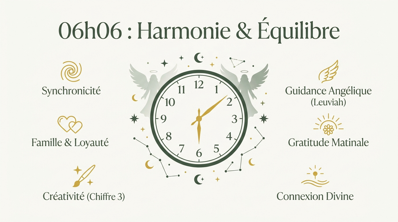 Représentation spirituelle de l'heure miroir 06h06 symbolisant l'équilibre et l'harmonie familiale