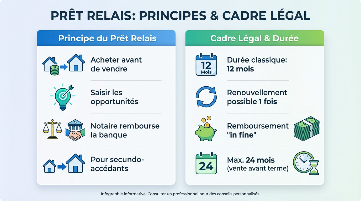 Schéma explicatif du fonctionnement et du cadre légal d'un prêt relais immobilier en 2026