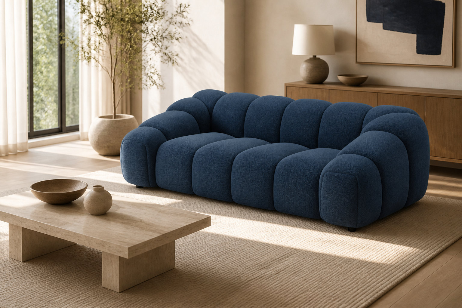 Canapé nuage 3 places AVA velours bleu marine : chic et profond