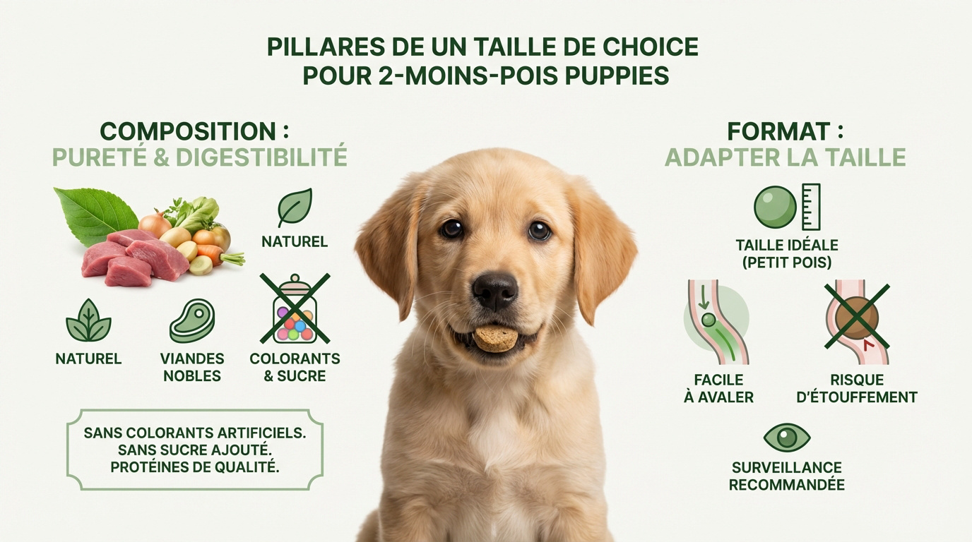 Petit chiot de deux mois découvrant une friandise naturelle adaptée à sa taille