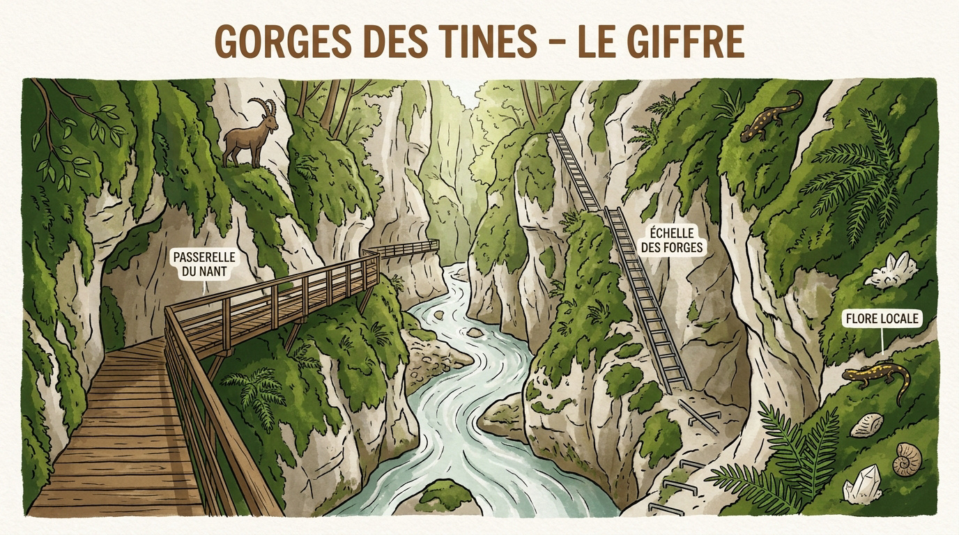 Sentier aménagé dans les Gorges des Tines surplombant le Giffre