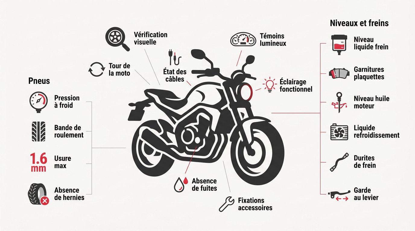 Infographie récapitulative des points de contrôle pour l'entretien d'une moto soi-même