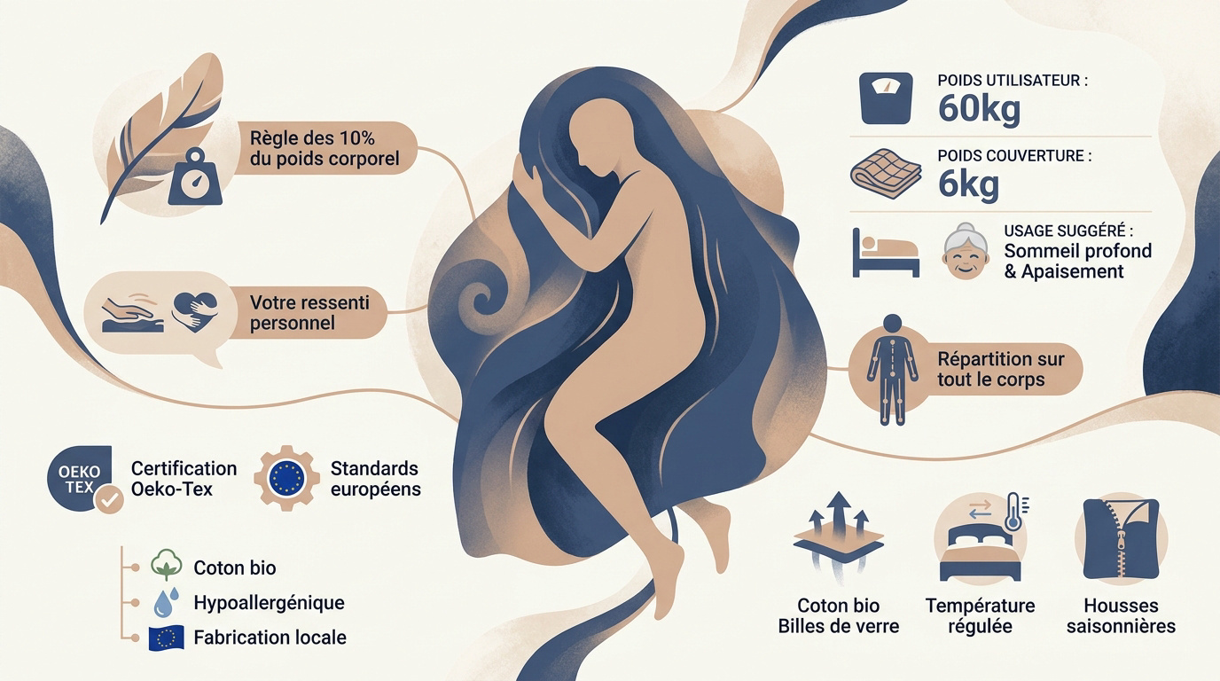 Femme sereine utilisant une couverture lestée pour améliorer son sommeil et son bien-être psychiatrique