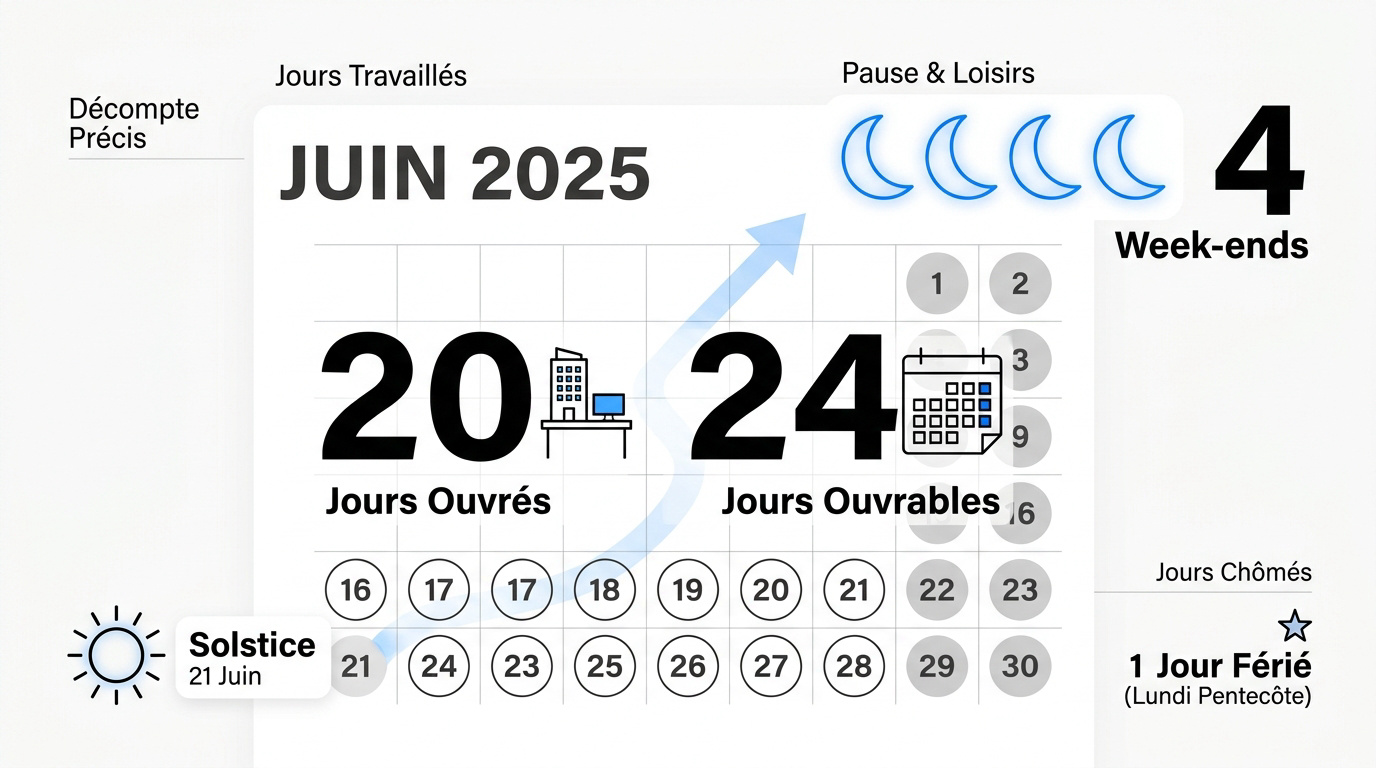 Calendrier de juin 2025 détaillant les jours ouvrés et les périodes de loisirs