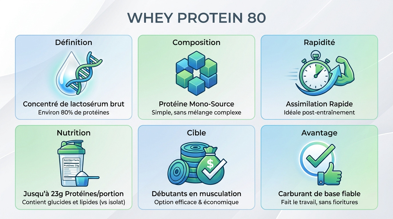Infographie détaillant les caractéristiques clés de la Whey Protein 80 : teneur en protéines et profil nutritionnel