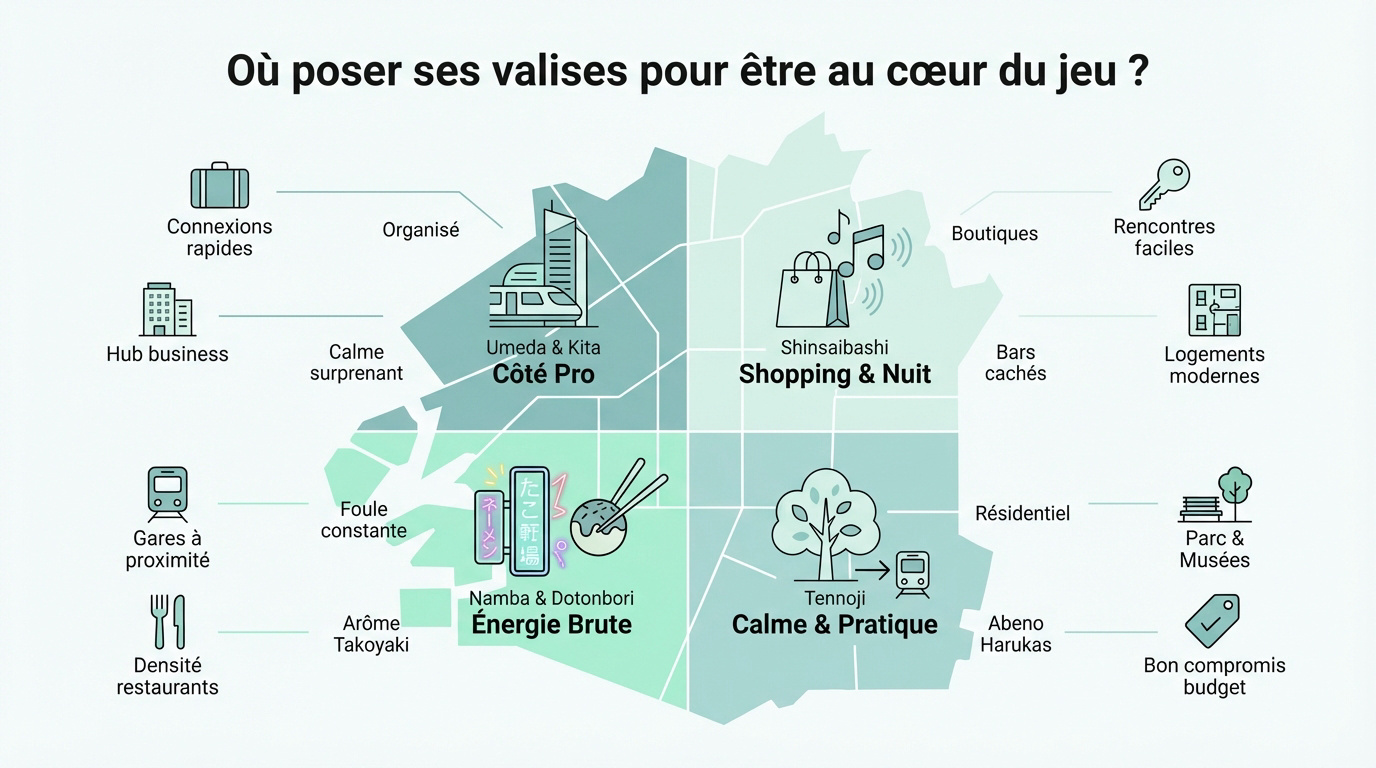 Carte des quartiers stratégiques d'Osaka pour choisir son logement