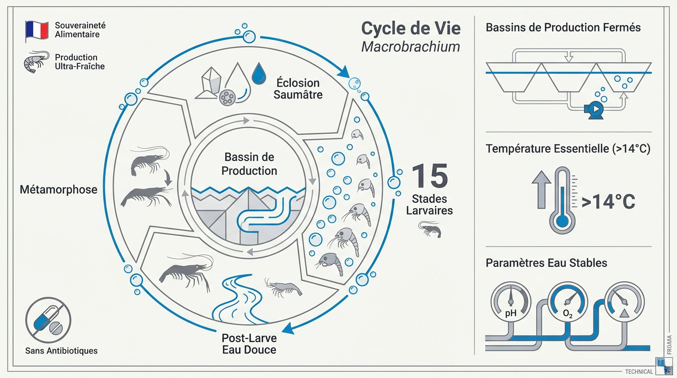 Schéma technique du cycle de vie de la crevette Macrobrachium rosenbergii entre eau saumâtre et eau douce