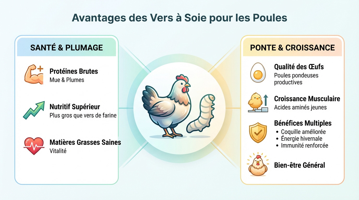 Poule picorant des vers à soie séchés riches en protéines
